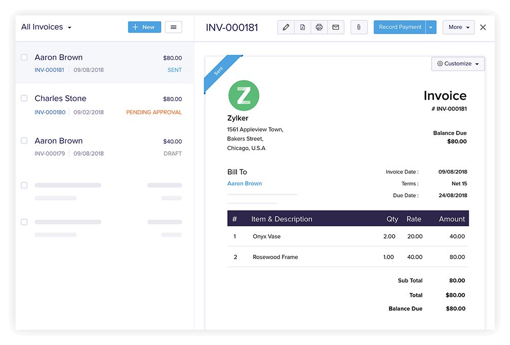 Zoho Invoice Interface